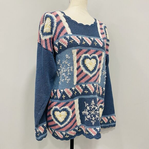 VINTAGE 90s Women M Blue Granny Core Heart Patchwork Heavy Knit Sweater Cottage - Picture 6 of 16